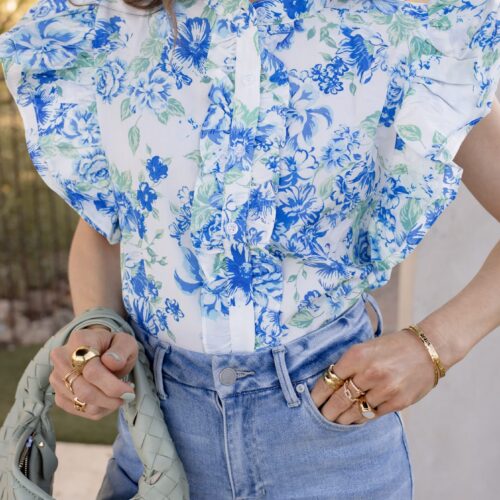 Sky Blue Floral Ruffle Button-Up Blouse
