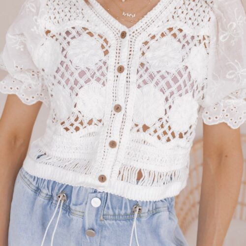 Ivory Lace Crochet Embroidered Eyelet Cardigan