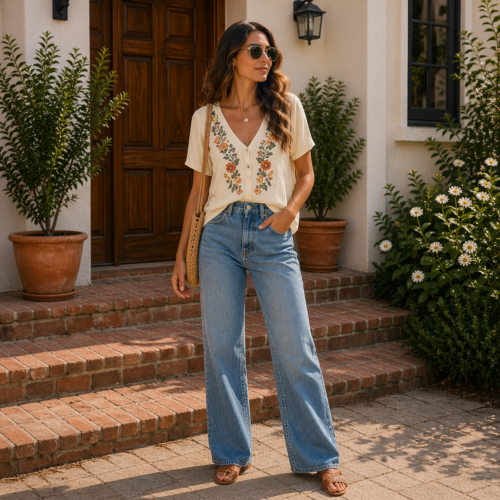 Apricot Floral Embroidered V-Neck Short Sleeve Blouse