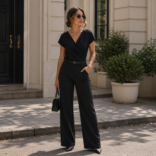 Black Draped V-Neck Short Sleeve Blouse