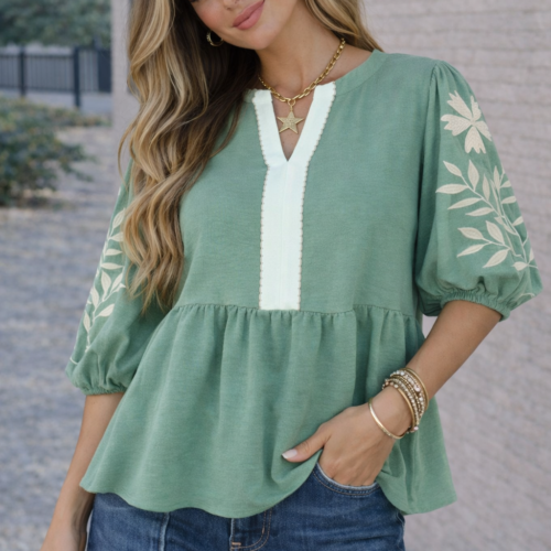 Green Patchwork Color Block Embroidered Puff Sleeve Blouse