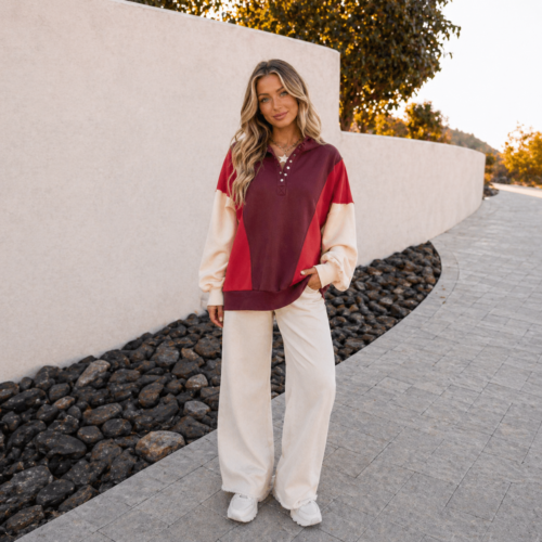 Red Colorblock Snap Button Oversized Hoodie