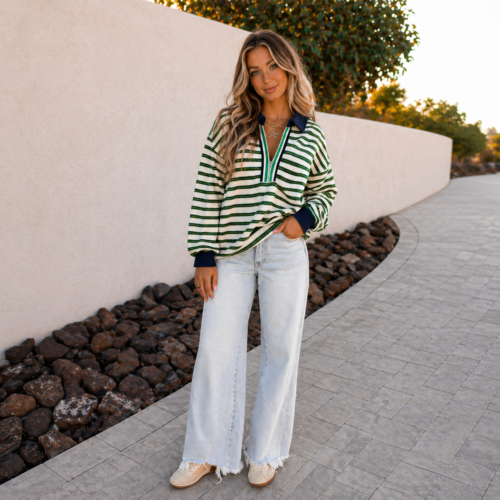 Dark Green Striped Contrast Collar Zip Top