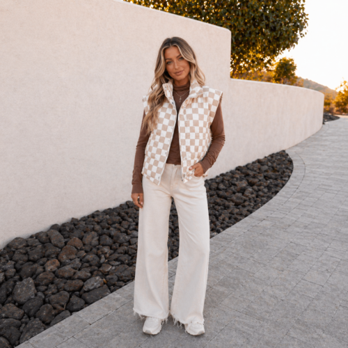 Beige White Checkered Quilted Zip Vest