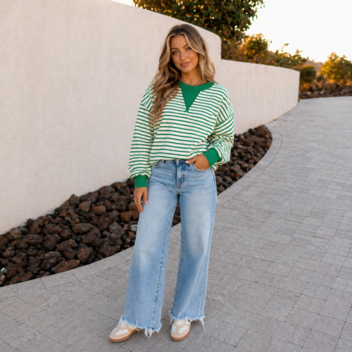 Green White Striped Exposed Seam Pullover