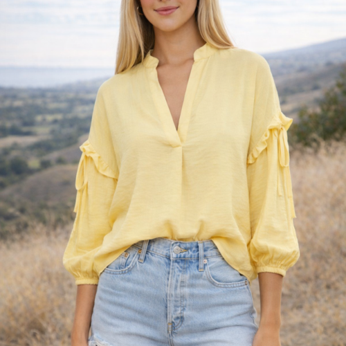 Pale Banana Draped V-Neck Balloon Sleeve Blouse