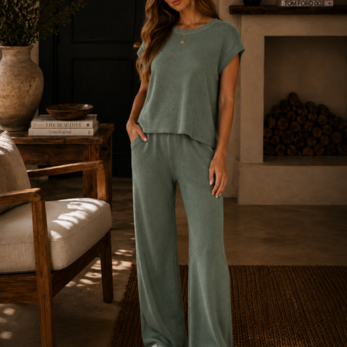 Rolled Sleeve Sweater Top and Pants Set