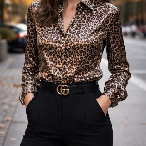Brown Satin Leopard Print Button-Up Long Sleeve Blouse